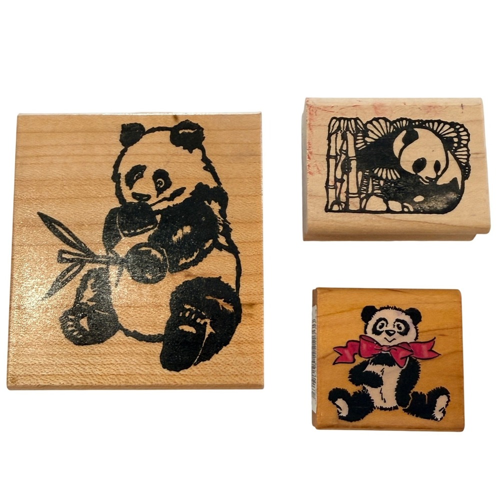 Panda‎ Rubber Stamp Set 3pc Bamboo Bow Tan Wood Rubber